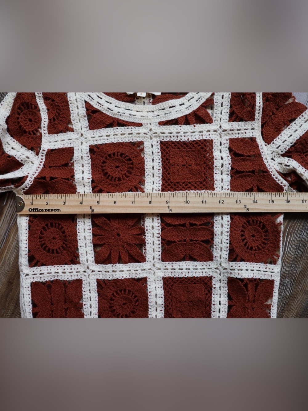 Cropped Crochet Floral Granny Square Sweater Top Hippie Boho Rust Ivory Size S - Picture 12 of 13